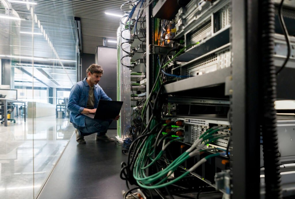 Computer technician fixing a network server at the office