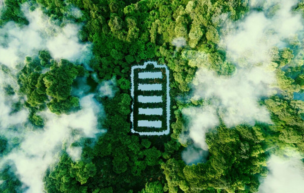 Concept depicting new possibilities for the development of ecological battery technologies and green energy storage in the form of a battery-shaped pond located in a lush forest